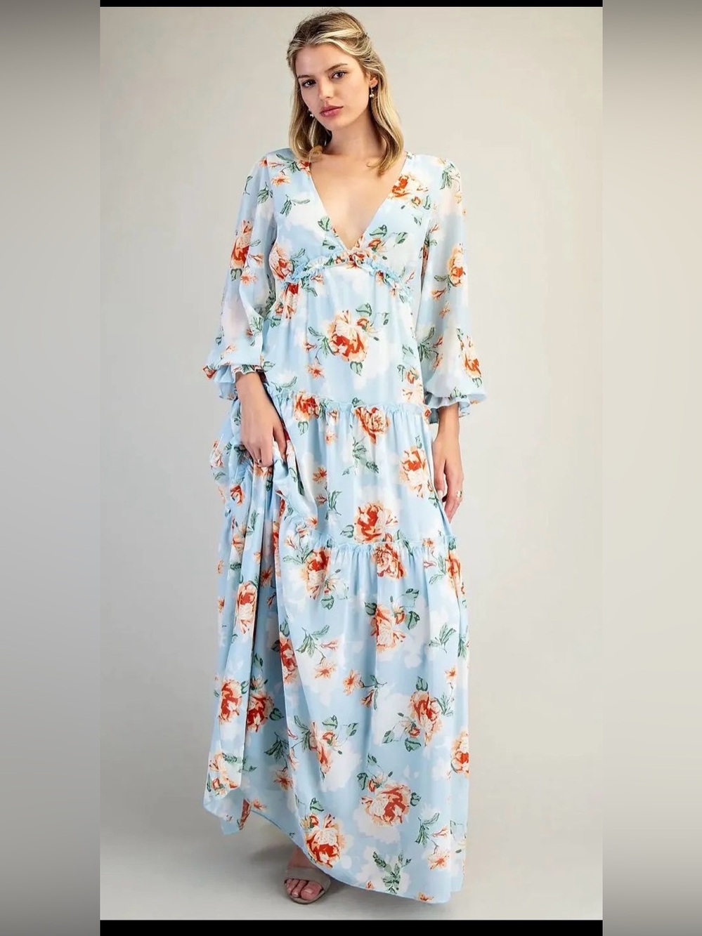 eesome Light Blue Maxi Dress with Orange Floral Print